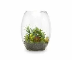 S64 Faux Succulent Variety in Glass Bowl Terrarium